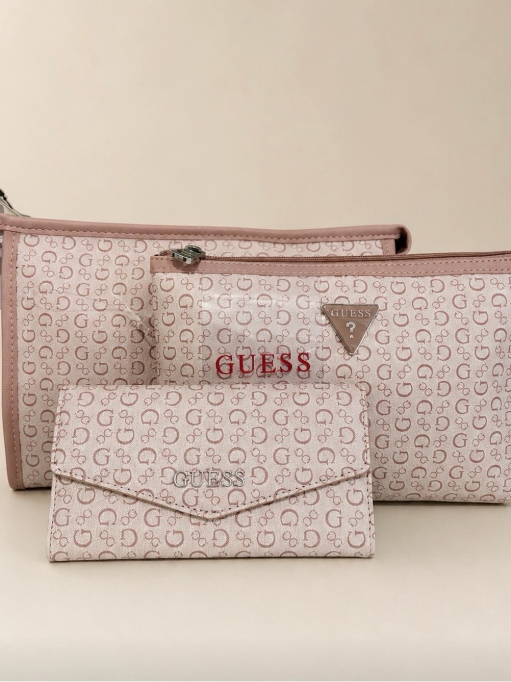 GUESS Pink Logo 3-Piece Pouch & Wallet Set